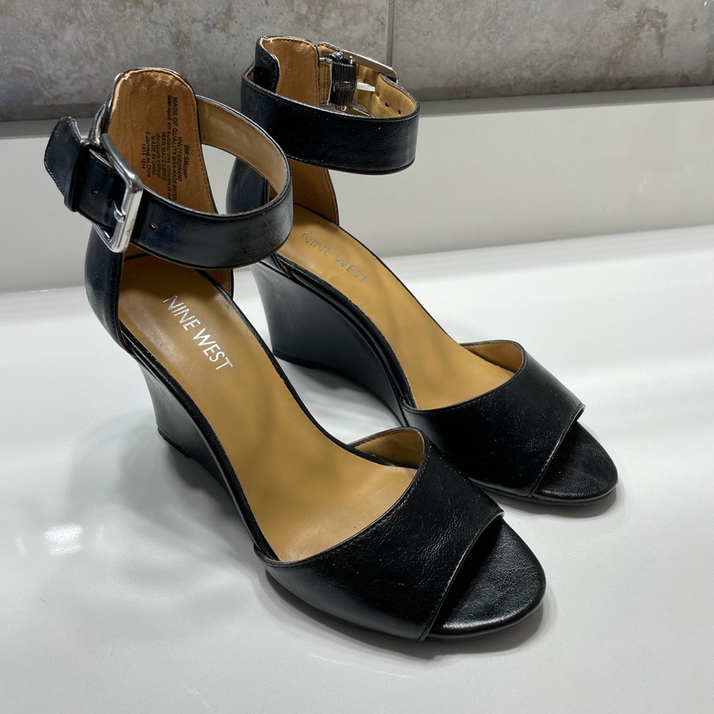 Black leather wedges